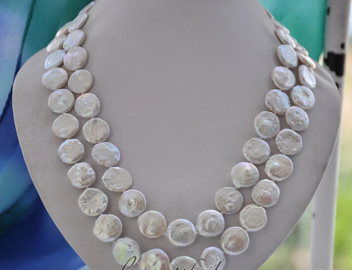 

2strands 14mm coin white freshwater pearl necklace 21inch (z6685)