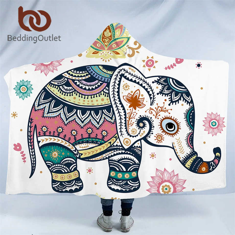 

BeddingOutlet Rainbow Elephant Hooded Blanket for Adults Sherpa Fleece Mandala Flower Wearable Throw Blanket Hippie Boho Bedding