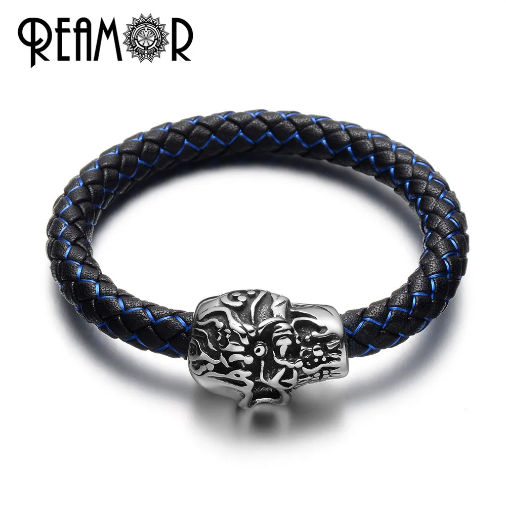 

REAMOR Men Genuine Leather Braided Silk Bracelet 316l Stainless Steel Double Face Skull Magnet Clasp Bracelet Fashion Jewelry