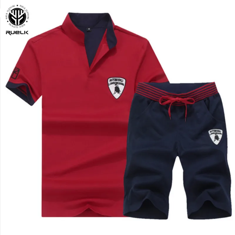 

Summer Short Sleeve Polo Shirt Men Stand Collar Polos + Shorts Sets Male Solid Fitness Sportswear Suit Men Breathable Polo Tops