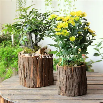 

Natural wood veneer flower pots planters metal inside water proof zakka vintage pots natural tree veneer wood planters