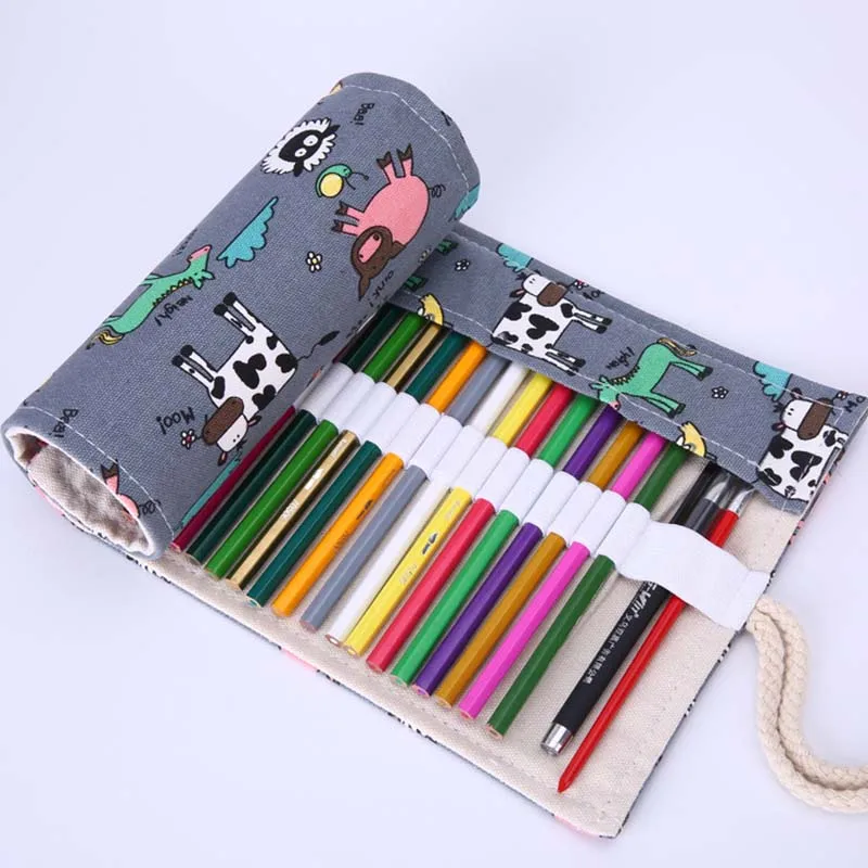 

Cute Dairy Cow Canvas Pencil Case 36/48/72 Holes Roll School Large Capacity Pencil Bag Escolar School Estuche Escolar Supplies