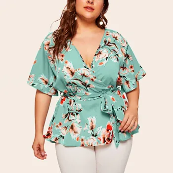 

womens blouses and tops Plus Size Casual V-neck Short-Sleeved Printed women shirt Waist Belt Top blusas de mujer verano 2019
