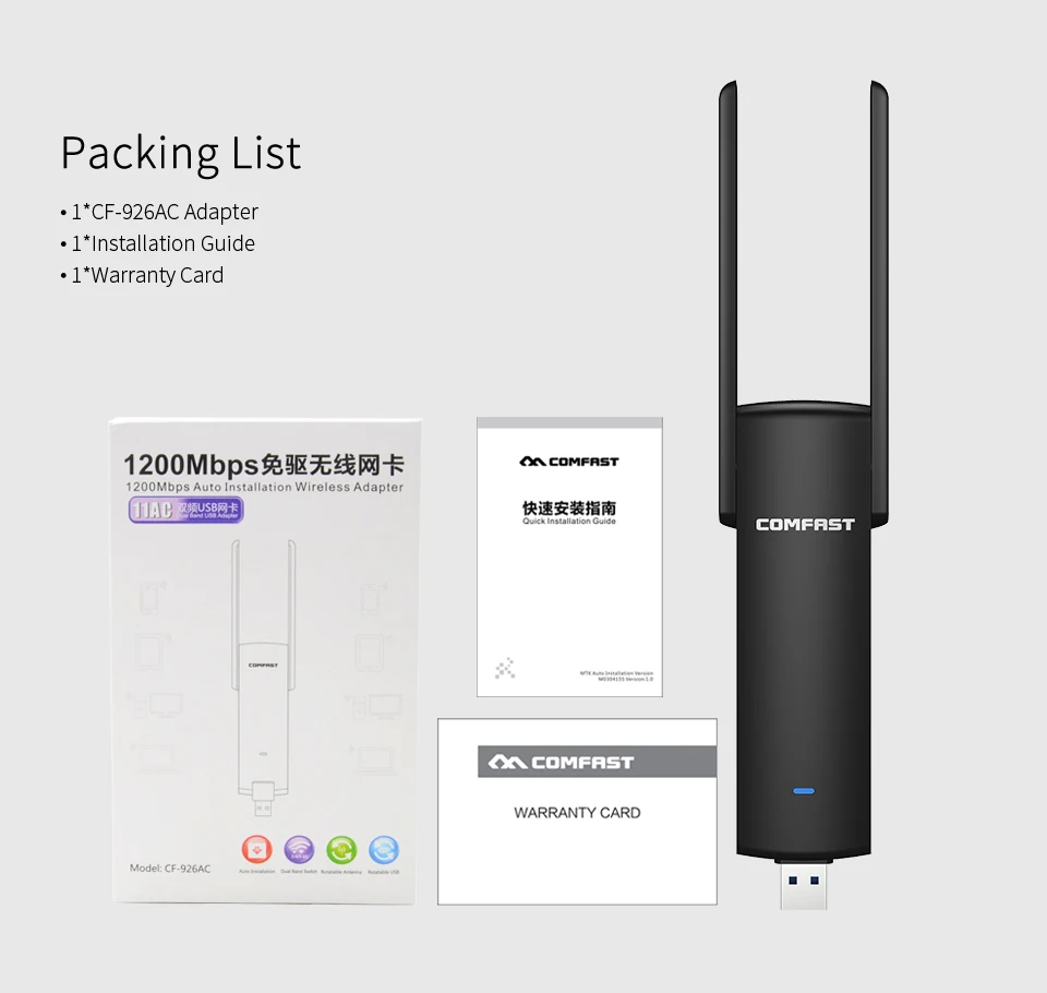 COMFAST 802.11ac/b/g/n usb wifi адаптер 5 ГГц 1200 Мбит/с двухдиапазонный USB 3,0 Wi-Fi ключ ПК Компьютерная сетевая карта+ 2* 3dBi антенны