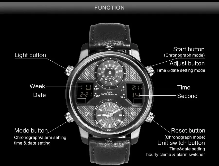 BOAMIGO Для мужчин кварцевые часы с 3-поясным временем и творческий светодиодный цифровые спортивные часы мужские кожаные Наручные часы мужские часы Relogio Masculino
