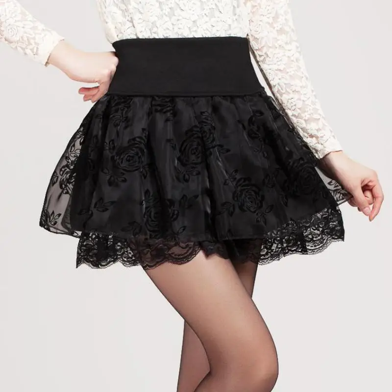 

Zuolunouba 2018 Summer Skirt Preppy Style Flower Bow Mini Tutu Skirt Elasticity Lace Skirts Shorts Woman High Waist Large Size