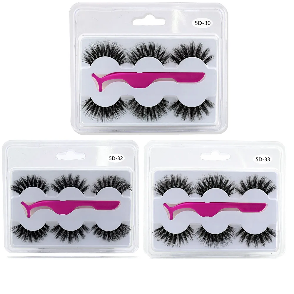 

3 Pairs/set Mixed Styles 5D Mink Hair False Eyelashes With 1pc Tweezer Fluffy Wsipy Long Eye Extension