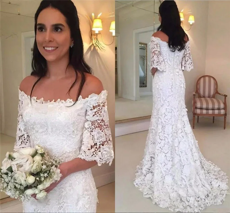 

Vintage Lace Mermaid Wedding Dresses Country Half Long Sleeve Boat Neck Bridal Gowns Sweep Train Wedding Gowns for Bride Dress