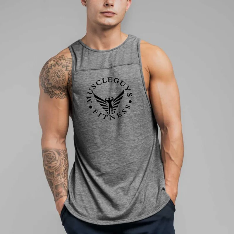 

Muscleguys Men's Bodybuilding Tank Top Workout Cotton Sleeveless Shirt Gyms Clothing Fitness Stringer Singlet Male Casual Vest