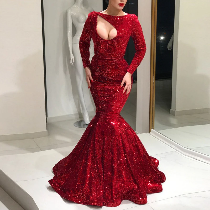 Dark Red Sequins Mermaid Evening Gowns Slash Neck Long Sleeves Floor ...