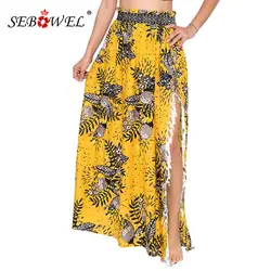 SEBOWEL повседневное Boho эластичный пояс макси юбка с цветочным принтом юбки для женщин для лето 2019 г. печатных Faldas богемный пляж длинная юбка