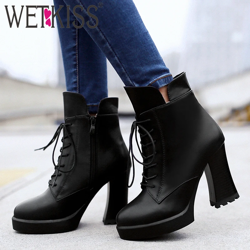 WETKISS Platform Ankle Boots Women Lace Up Motorcycle Booties Round Toe Zip Shoes Female High Heels Thick Ladies Winter | Обувь