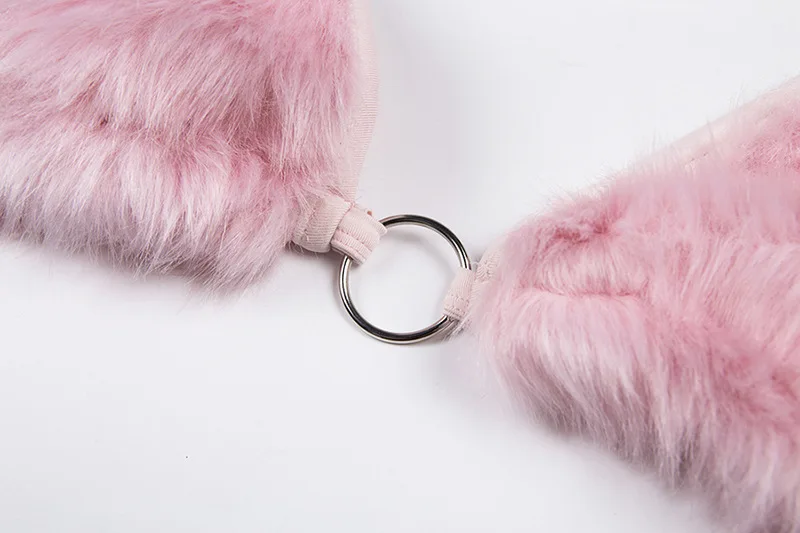 Pink Fluffy Faux Fur Camis Sexy Halter Bra Crop Top Women Backless Bandage Bralette Camisole 2019 Autumn Party Top Clubwear