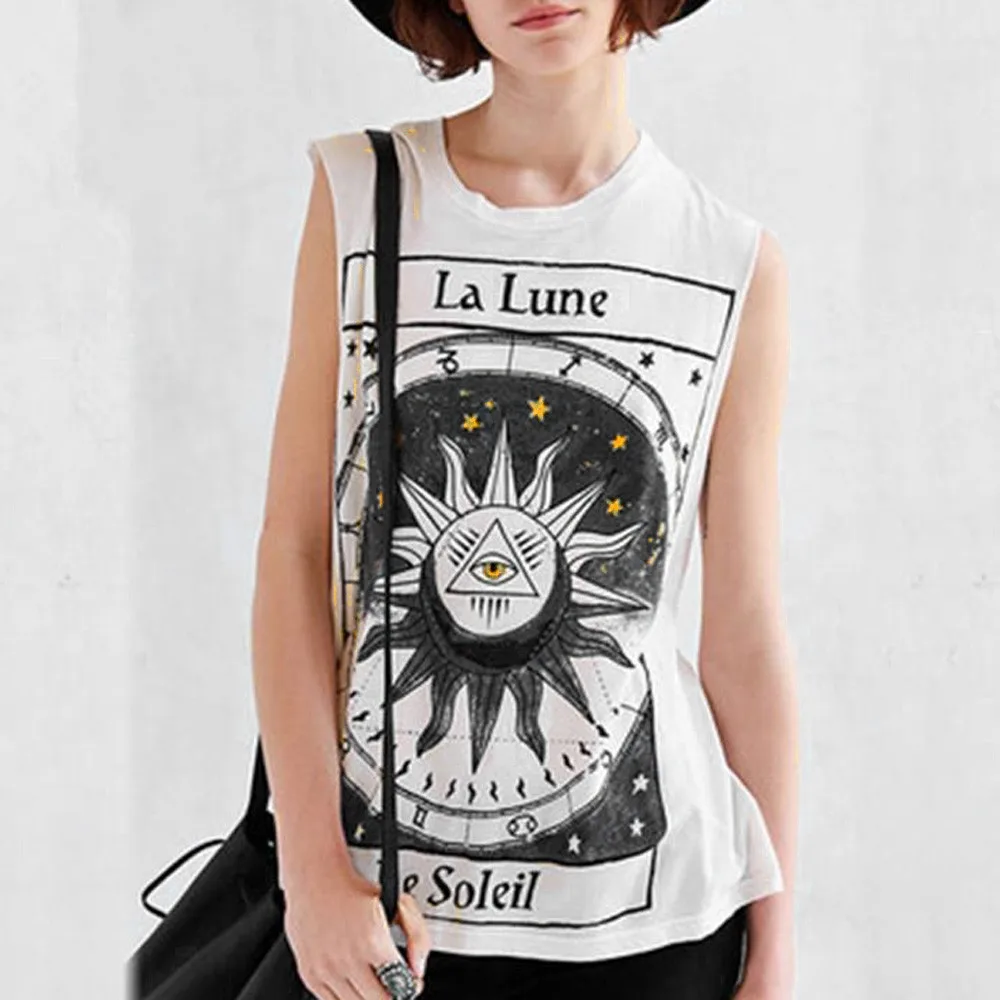 

Women Fashion Sexy T shirt Star Moon Letter Print Tops Sleeveless Crop Tops Casual Daily Tee shirt Camiseta Mujer Verano C20