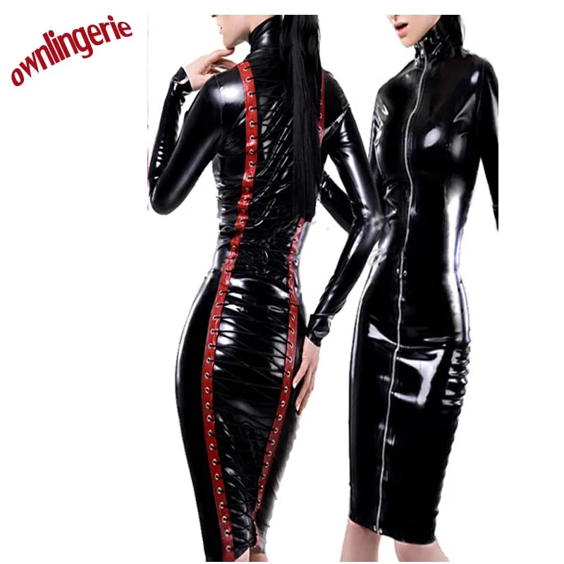 

Free shipping Sexy black PU leather long-sleeved bodycon leather dress M7112