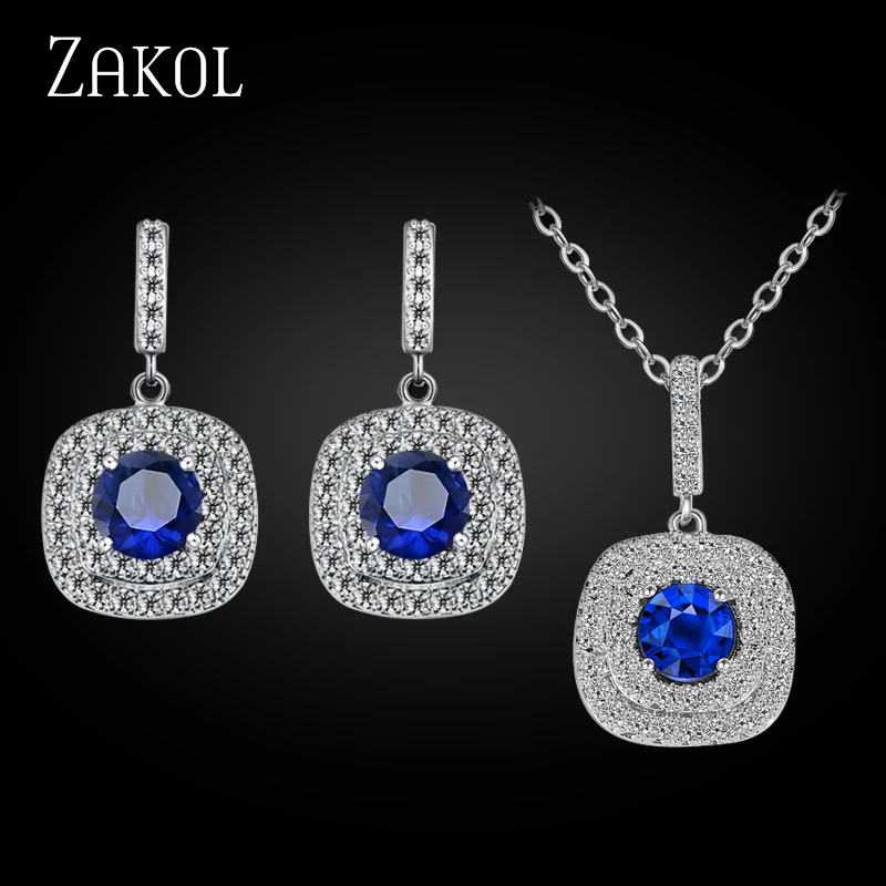 ZAKOL Classic White Color Square Shape Zirconia Crystal Earrings Necklace Set For Women Trendy Bridal Wedding Jewelry FSSP262 - Окраска металла: Blue