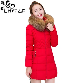 

UHYTGF Fashion Parka Down Jacket Women Winter Coat Long Cotton Casual Fur Hooded Jacket Plus size Female Overcoat Women Coat 156