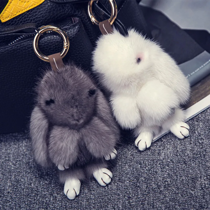 

2016 New Trendy Real Rex Rabbit Fur Key Chain Cute White And Gray Animal Key Chain Pom Pom Car Pendant With Best Gift Box SP97