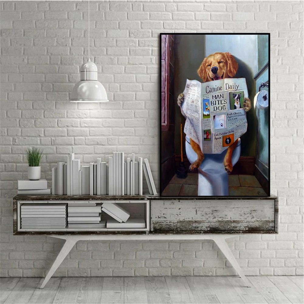 Cute Posters And Prints Bathroom Room Decor Wall Art Prints Funny Dog Toilet Reading Paper Home Decoration Nordic Canvas Art