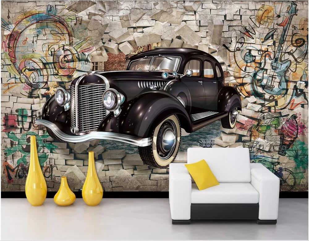 Custom photo 3d wallpaper on the wall vintage cars broken wall living