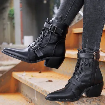 

Prova Perfetto Brand Design Women Motorcycle Boots Rivet Buckle Lace Up Ankle Boots Pointed Toe Chunky Heel Zipper Botas Mujer