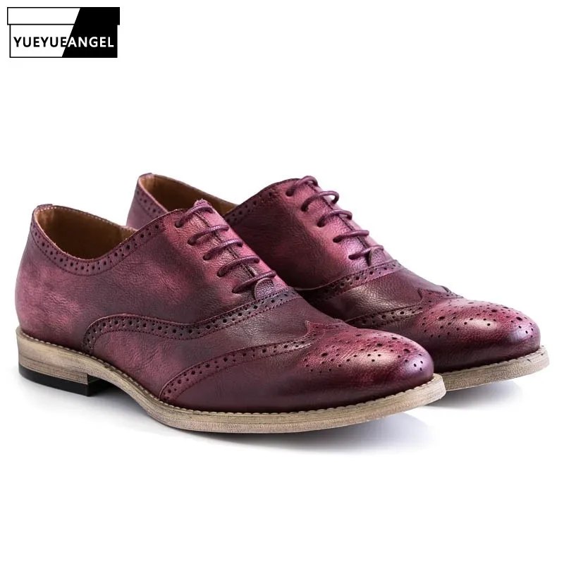 

Brand Retro Men Genuine Leather Cow Autumn Oxfords Lace Up Casual Shoes Brogue Shoes Wing Tip Male Multi Color Black Business