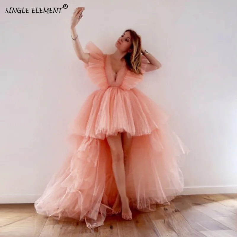 

SINGLE ELEMENT Trendy Tulle Blush Pink Tiered Tulle Prom Dresses High low Ruffles Tutu