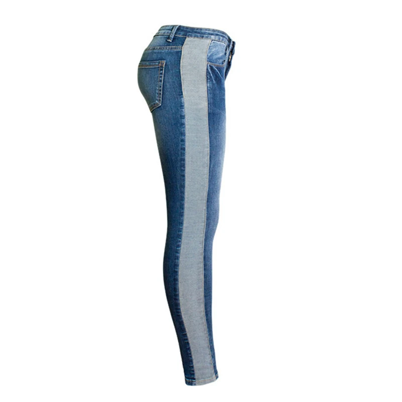 Новинка 2018 г. Модные боковой полосой Лоскутные узкие джинсы женские высокой талией джинсы брюки женские джинсовые панелями Штаны