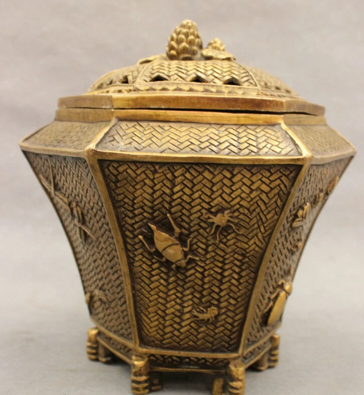 

S3990 7" Chinese Bronze Copper Folk Wealth Fly Cicada Locust Statue Box Jar Censer D0317