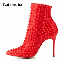 Fashion Woman Red Short Boots With Zipper New Ladies Supper High Heel Black Ankle Boots With Many Studs Pointed Toe Short Boots the new woman thin high heel pointed toe ankle boots fashion back zipper dress boots woman black red
