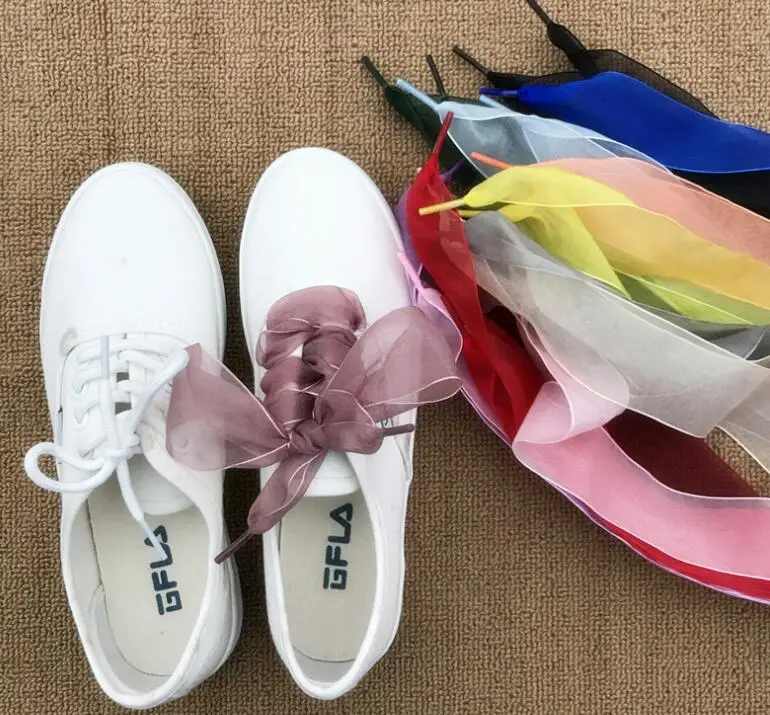 

New Style 120cm Long 4cm Wide Solid Color Silk Ribbon Shoelaces Sneaker Sport Shoes Lace One Pair Free Shipping