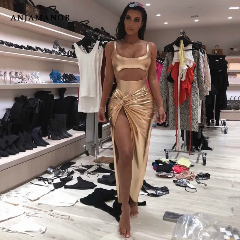 

ANJAMANOR Metallic Gold Sexy Two Piece Set High Waist Skirt Suit Summer 2019 2 Piece Club Outfits Matching Sets D88-AI46