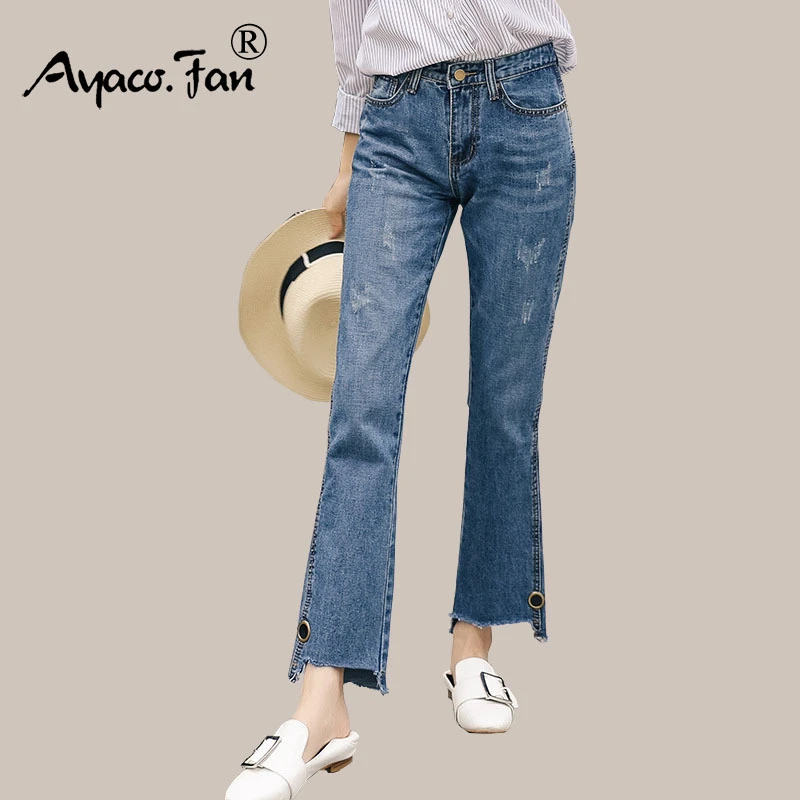 2019 verano nuevos Jeans Mujer moda Irregular sueltos pierna ancha pantalones con cintura alta delgada Mujer Denim vaqueros| - AliExpress