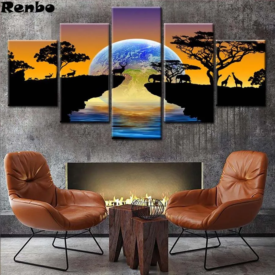 

5 pcs Diamond Painting Africa Elephants DIY Diamond Embroidery Sunset landscape 5D Full Square Mosaic Pictures by Numbers