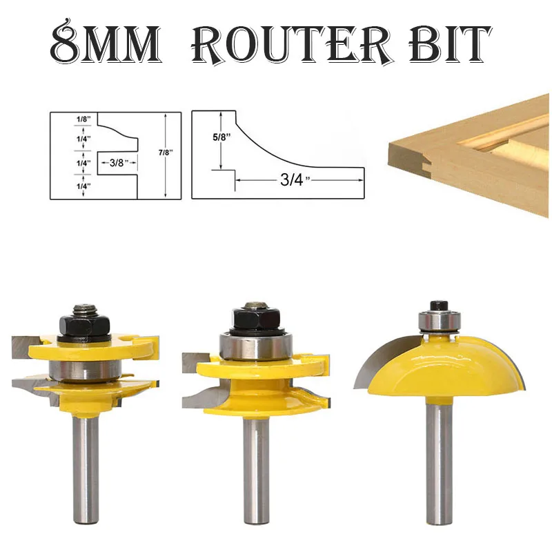 

8MM Woodworking Groove Joint Assembly Tongue Router Bit Set 3PCS & Carving Wood Rail and Stile milling cutter tools 80816