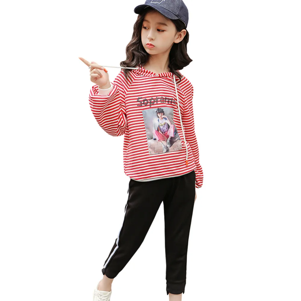 

Girls Suit Striped Tops Hooded T-Shirt Pants Personality Printed Sports Set Children's set