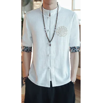 

Summer men's short-sleeved Chinese style disc buckle embroidered shirt male youth seven-point sleeve costume linen Free shipping