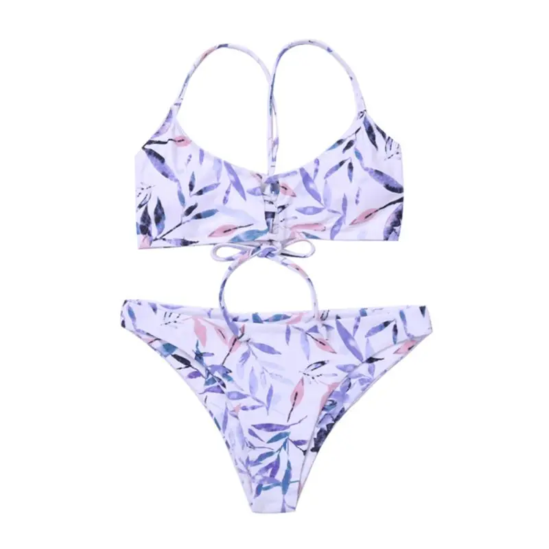 

Women Sexy Two Piece Bikini Set Halter Deep Scoop Neck Keyhole Hollow Out Bra Low Waist Thong Sweet Candy Color Bamboo Leaves Pr