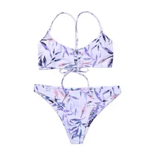 Women Sexy Two Piece Bikini Set Halter Deep Scoop Neck Keyhole Hollow Out Bra Low Waist Thong Sweet Candy Color Bamboo Leaves Pr white hollow out scoop neck high low hem jumper
