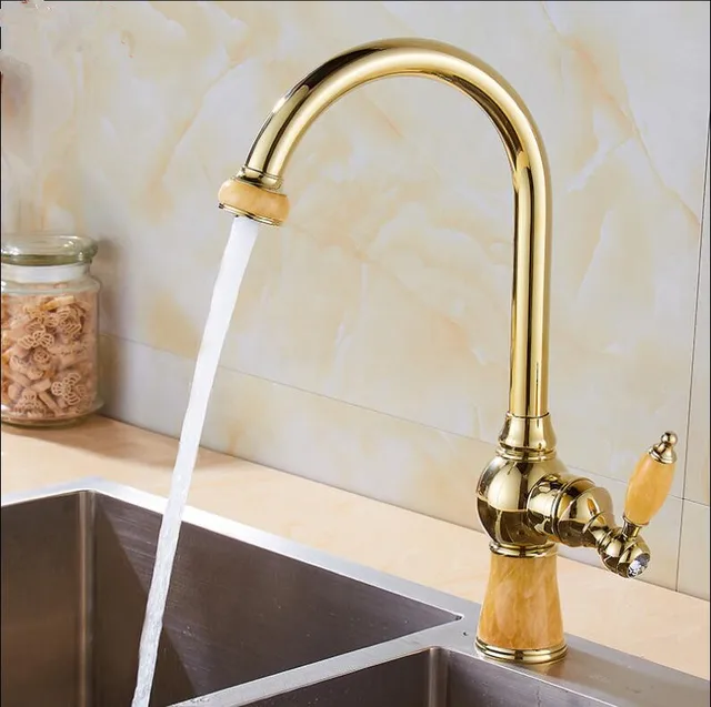 Best Price Kitchen Faucets Brass with Jade Kitchen Crane Single Handle Gold Finish 360 Swivel Mixers Taps Kitchen Tap Sink Mixer