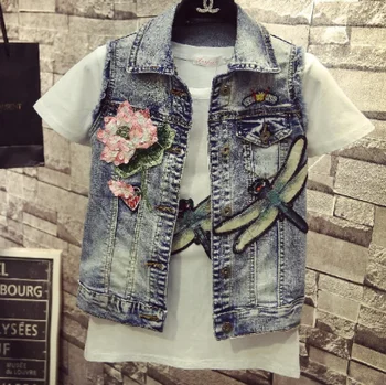 

European Style Girl Student Spring Summer Personality Hole Denim Vest Coat Women Show Thin Lotus Dragonfly Sequin Vests Jacket