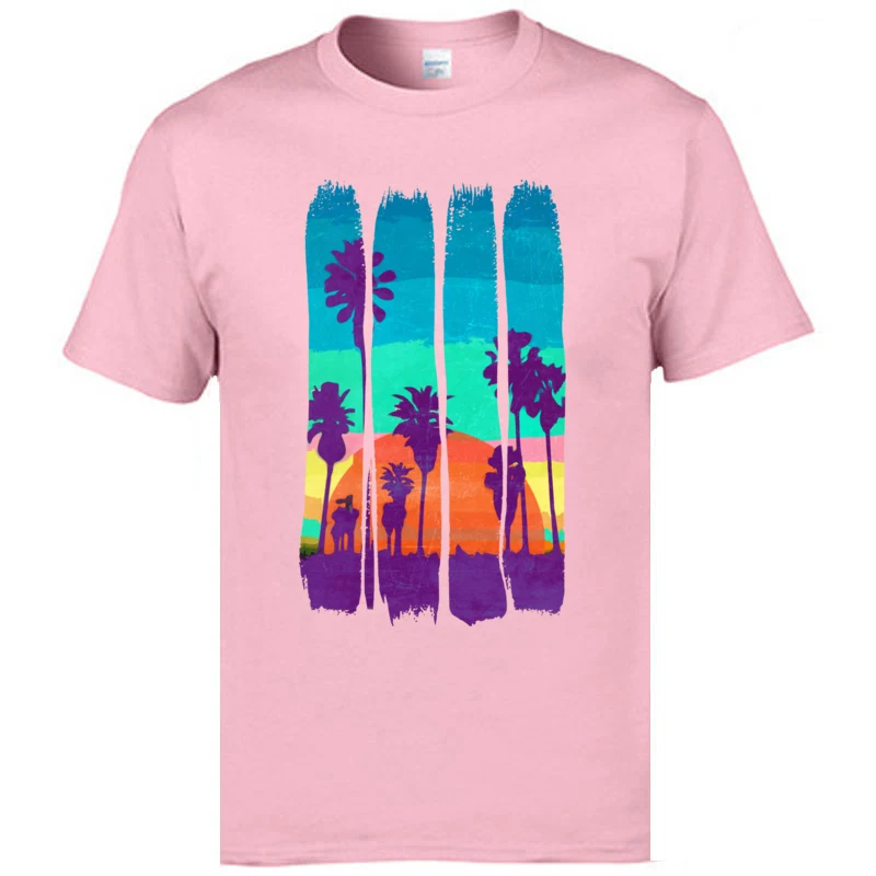 FunnyNormal Short Sleeve Tops Shirt Autumn Latest O Neck Pure Cotton T Shirt Man T-Shirt Normal  Wholesale Vintage Brush Strokes Miami Beach Summer Sunset pink