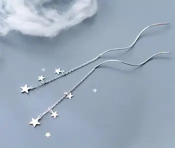 

Authentic Real 100% 925 Sterling Silver fine Jewelry Stars Twist Waterwave pull Through earrings Long GTLE2384