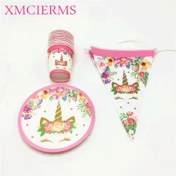 

30Pcs/Lot Pink Unicorn Theme Kids Birthday Party Wedding Flag Decoration Cups+Plates+Banners For Baby Shower Supply 10People Use