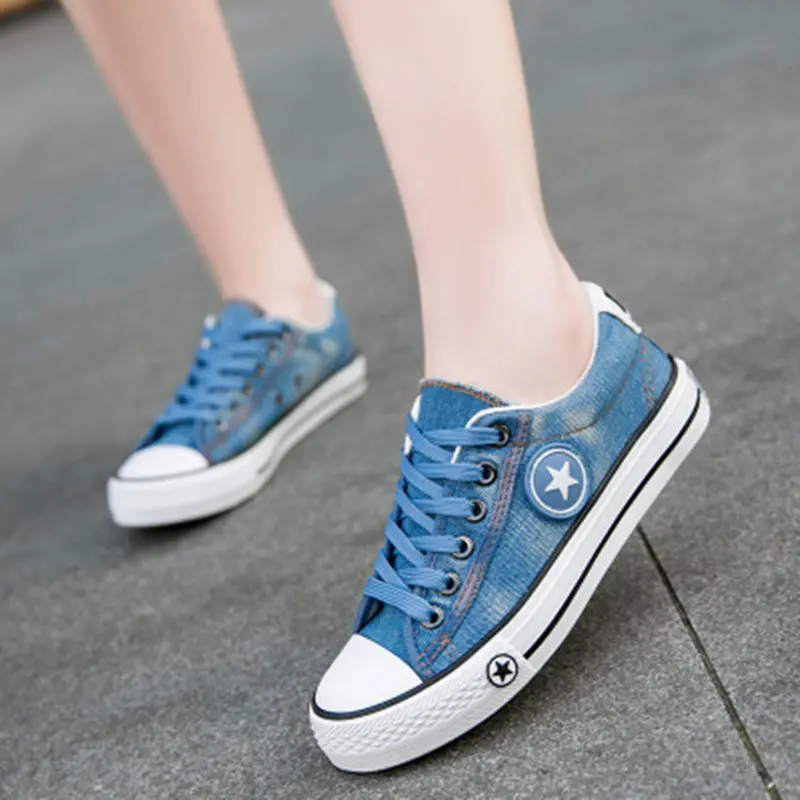 

Fashion Sneakers Woman Comfortable Denim Casual Shoes Female Low Help Canvas Shoes Lace Up Ladies Blue Cowboy Vulcanized Shoes