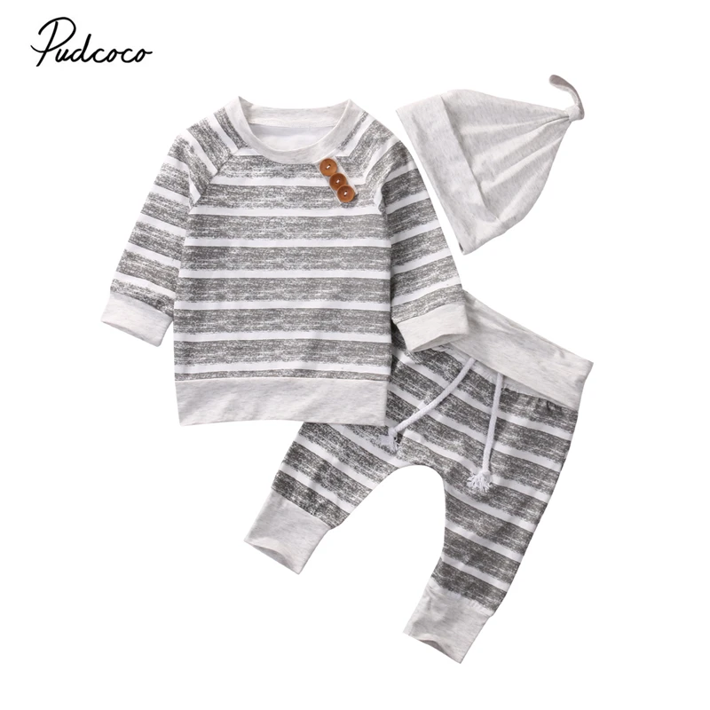 

3Pcs Toddler Baby Girls long sleeve o-neck striped Tops +legging Pants + Hat Set Kids Newborn cotton Outfits 0-18M