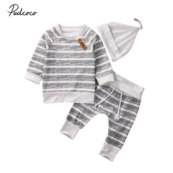 

3Pcs Toddler Baby Girls long sleeve o-neck striped Tops +legging Pants + Hat Set Kids Newborn cotton Outfits 0-18M