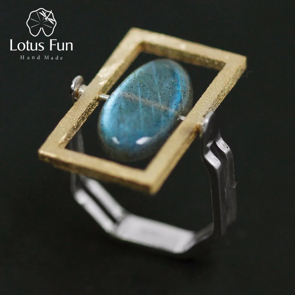 

Lotus Fun Real 925 Sterling Silver Natural Labradorite Stone Creative Handmade Fine Jewelry Rotatable Ring for Women Bijoux