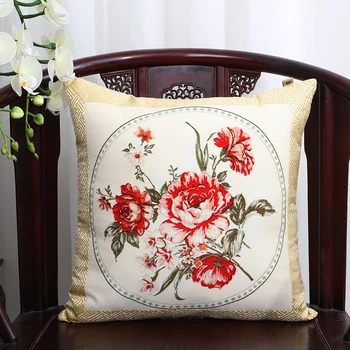 

High End Elegant Chinese Silk Pillow Case Flower Cushion Cover Merry Christmas Couch Chair Lumbar Pillow Covers Decorative