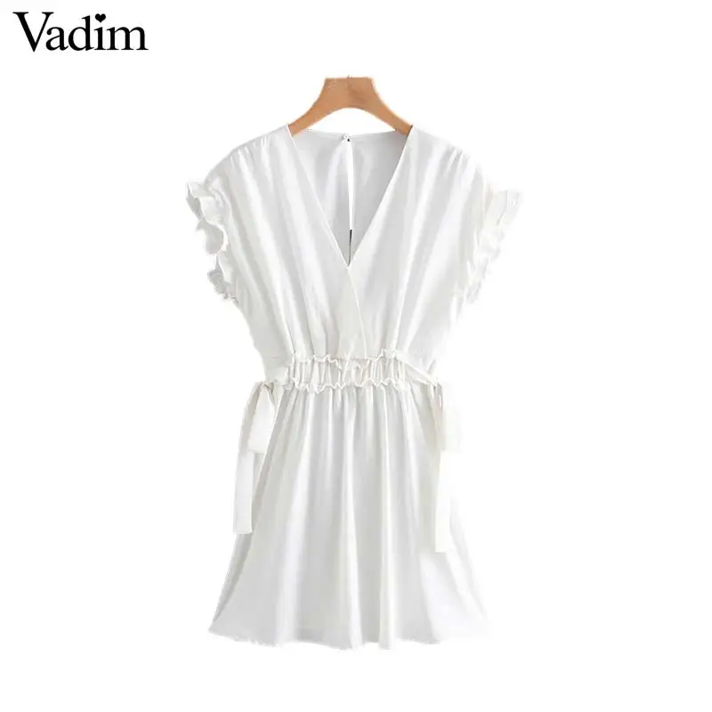 

Vadim women white mini dress sexy V neck elastic waist bow tie butterfly sleeve casual female A line cute dresses vestidos QB866